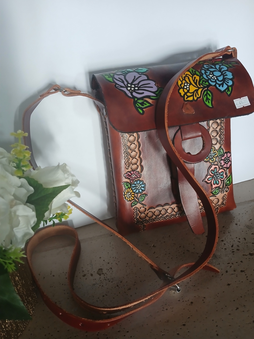 Hand-Painted Brown Leather Floral Crossbody Bag